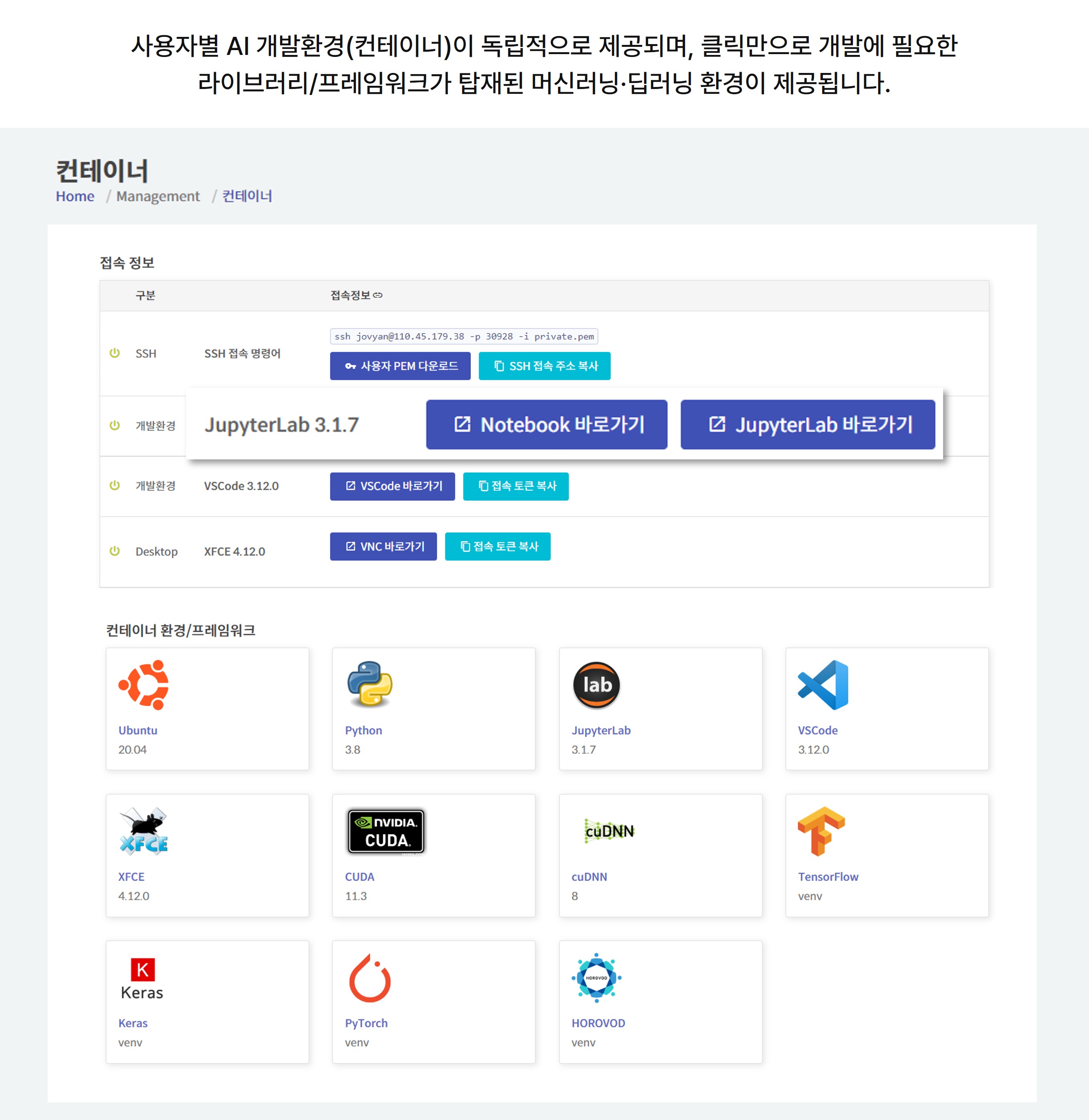 컨테이너 (접속정보 개발환경 : JupyterLab 3.1.7)